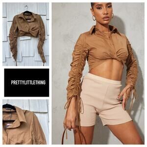NWT PrettyLittleThing Camel Woven Ruched Sleeve Cropped Shirt Pocket Detail Sz 8